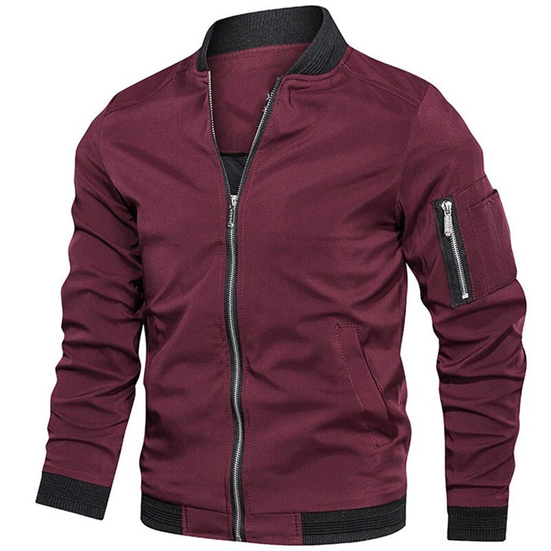 Maroon bomber jacket with ribbed trim, zip pocket, worn by model | Chaps London