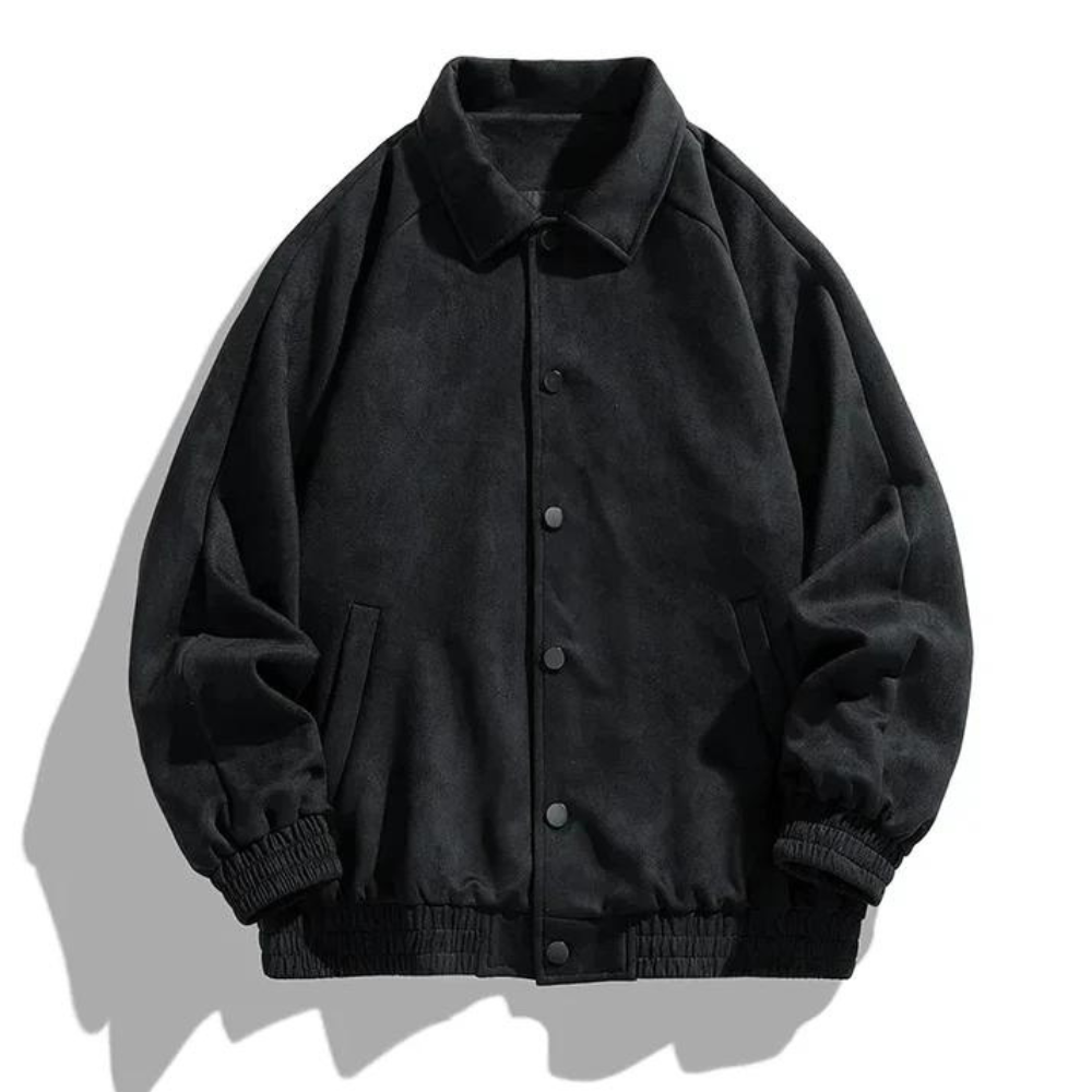Black button-up bomber jacket with collar, shown flat, ribbed cuffs and hem | Chaps London
