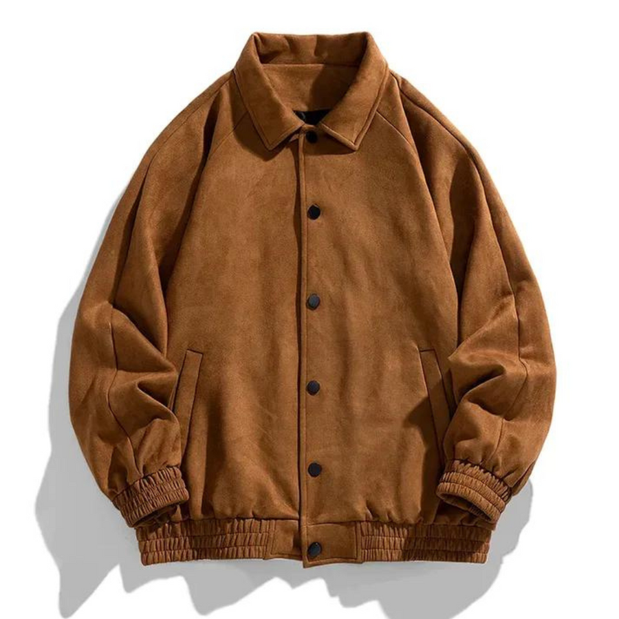 Brown suede bomber jacket with ribbed cuffs, buttoned, shown flat | Chaps London