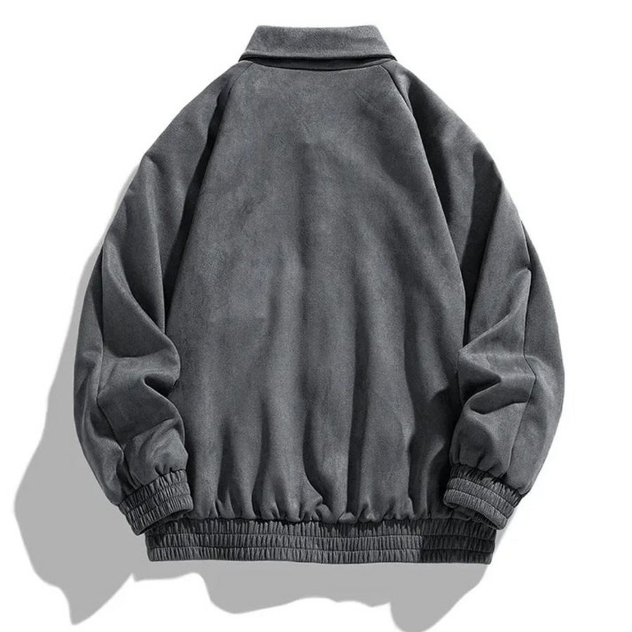 Gray suede bomber jacket back view with ribbed cuffs and hem | Chaps London