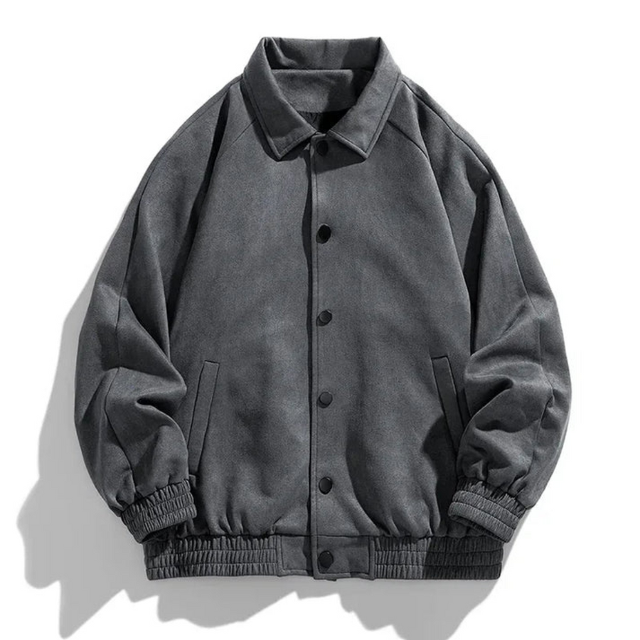 Gray button-up bomber jacket with ribbed cuffs, flat lay display | Chaps London