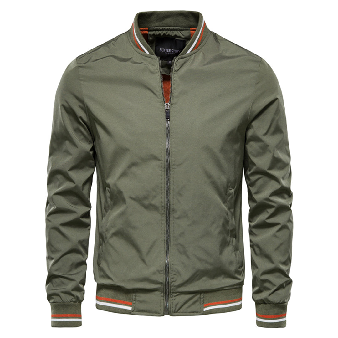 Olive green bomber jacket with striped trim, worn by unseen model | Chaps London