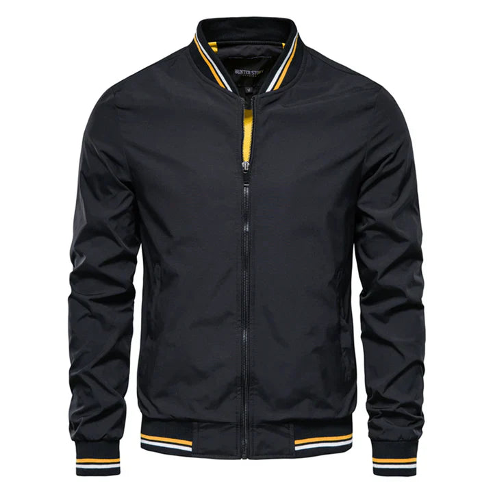 Black bomber jacket with yellow-striped trim, worn by male model | Chaps London