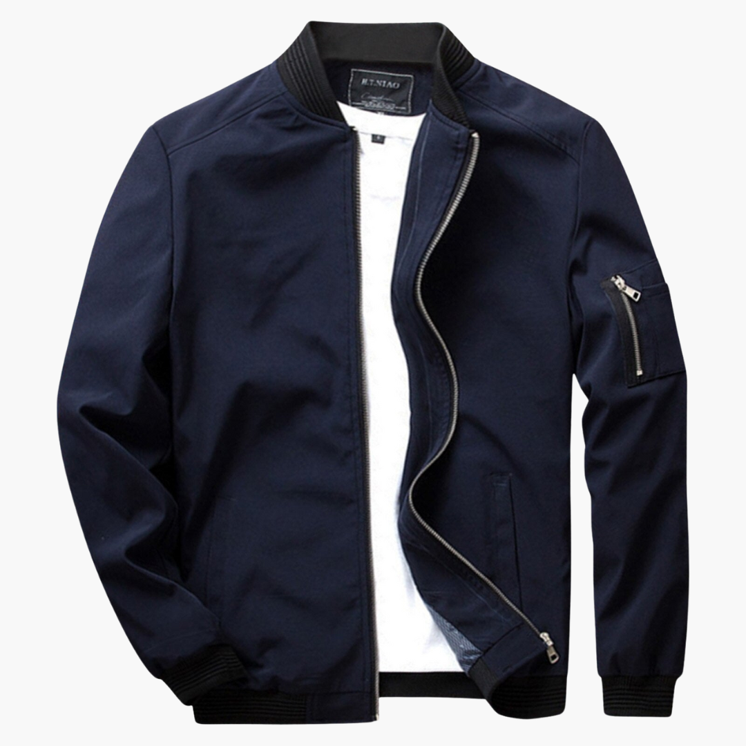 Navy blue zip-up bomber jacket with ribbed collar, flat lay display | Chaps London