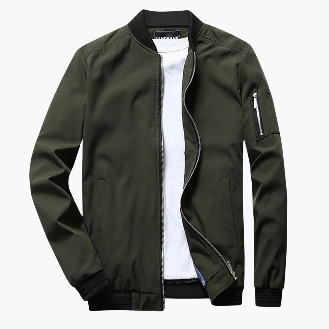 Olive green zip-up bomber jacket with ribbed collar, flat lay display | Chaps London