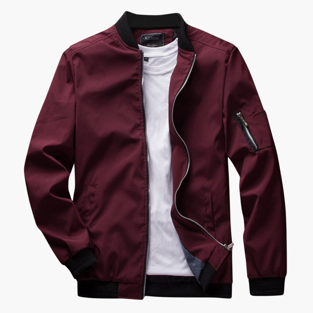 Maroon zip-up bomber jacket with ribbed collar, shown flat with white shirt | Chaps London