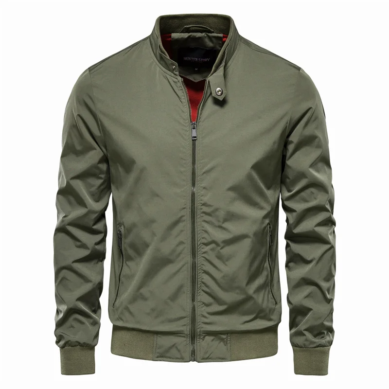 Olive green zip-up bomber jacket with stand collar, worn by man | Chaps London