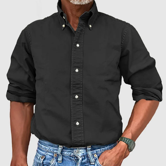 Button-Up Shirt - Long Sleeve - Collared - Denim Shirt - Men's Clothing-Men Shirt-Chaps London-Black-S-Chaps London
