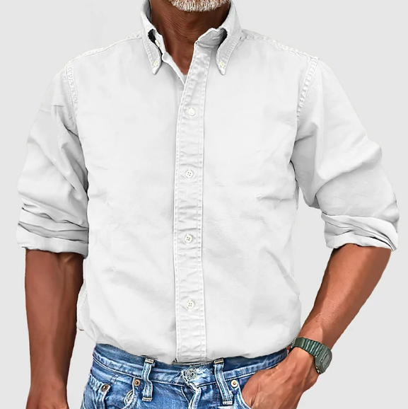 Button-Up Shirt - Long Sleeve - Collared - Denim Shirt - Men's Clothing-Men Shirt-Chaps London-White-S-Chaps London