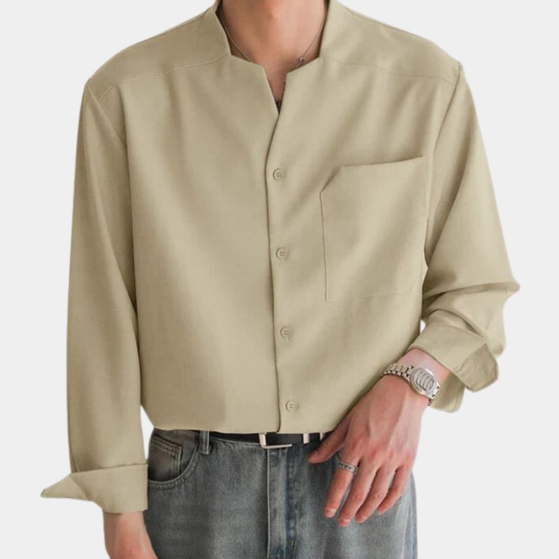 Button-Up Shirt - Men's Casual Loose Fit Long Sleeve Dress Shirt-Chaps London-Beige-S-Chaps London
