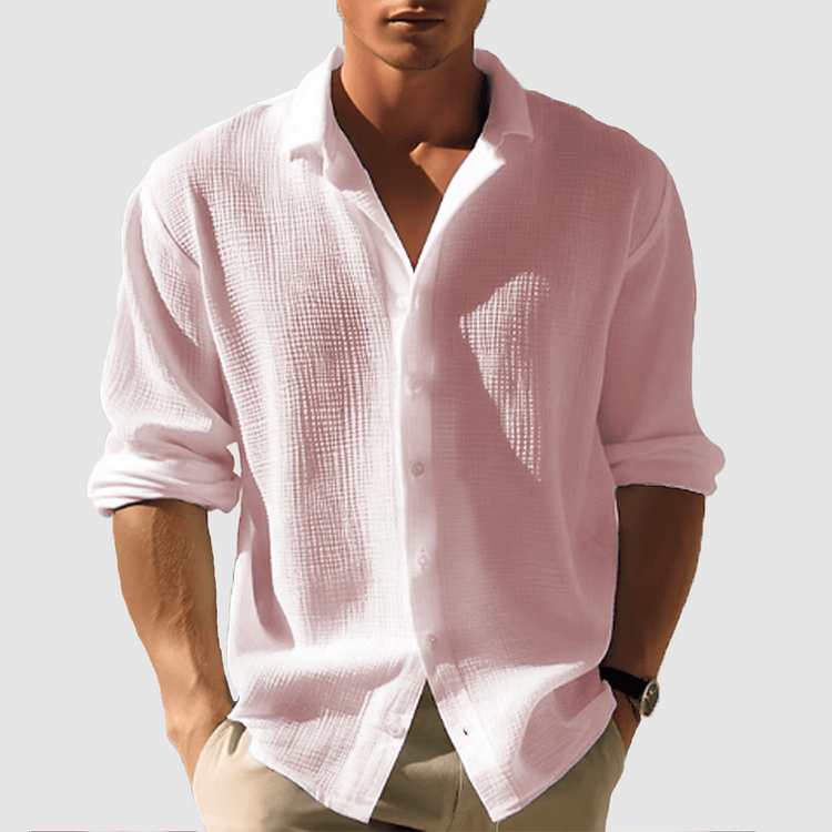 Button-Up Shirt - Men's Lightweight Lapel Long Sleeve Summer Shirt-Chaps London-Pink-S-Chaps London