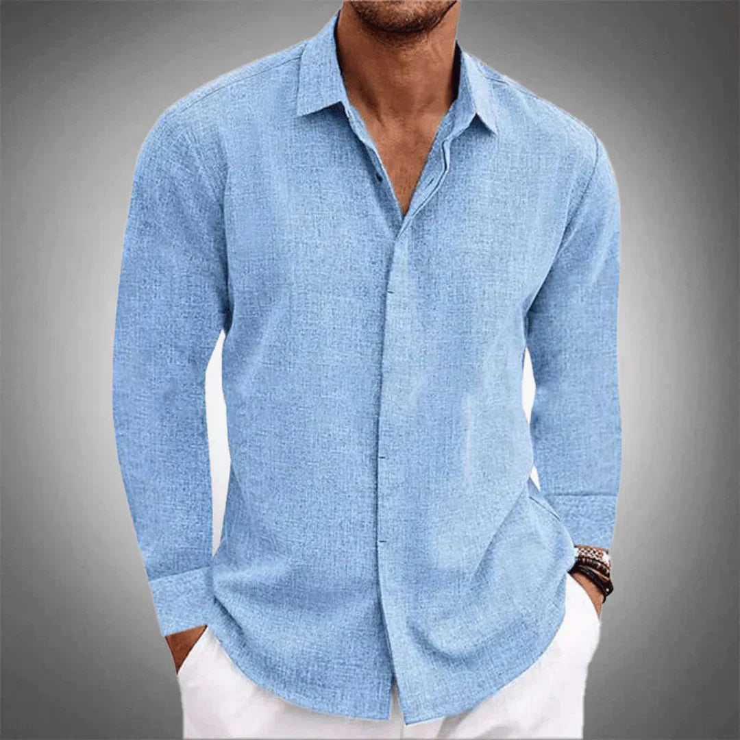 Button-Up Shirt - Men's Long Sleeve Collared Cotton Linen Shirt-Shirt-Chaps London-Blue-XS-Chaps London