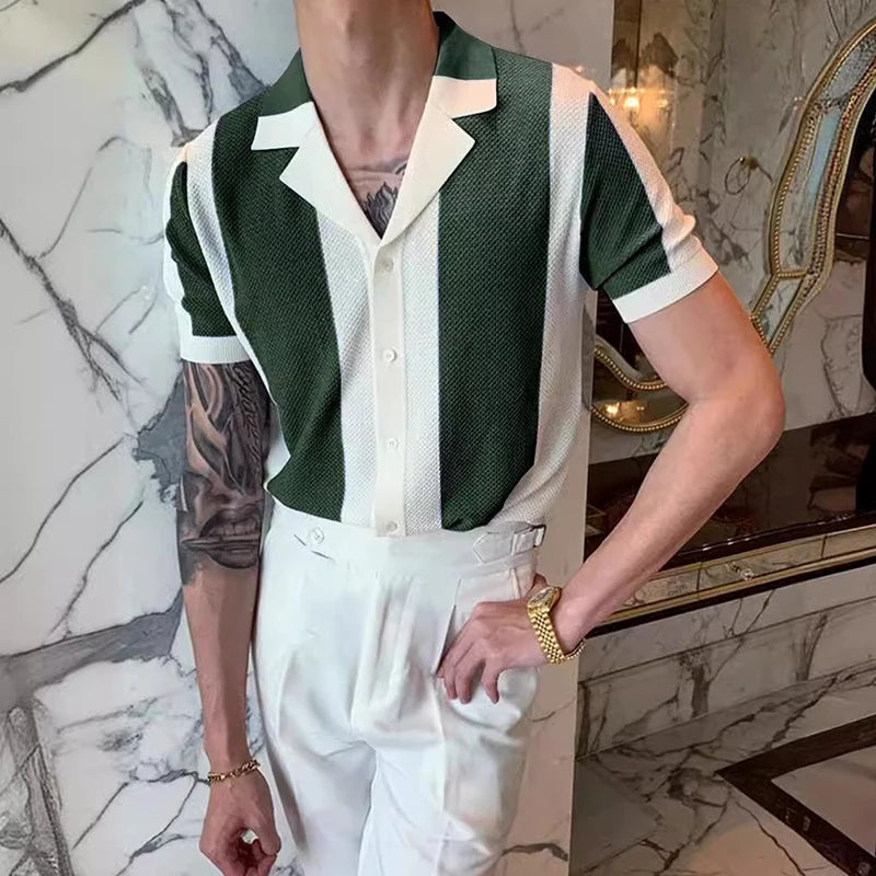 Button-Up Shirt - Short Sleeve - Striped - Polo Shirt - Men's Shirts-Shirt-Chaps London-Green-S-Chaps London