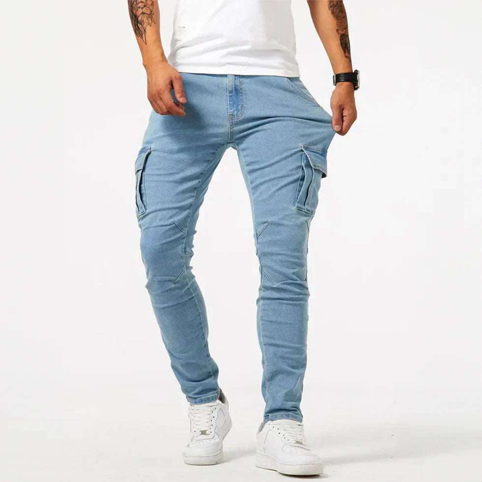 Man wearing light blue denim cargo jeans with side pocket flap | Chaps London