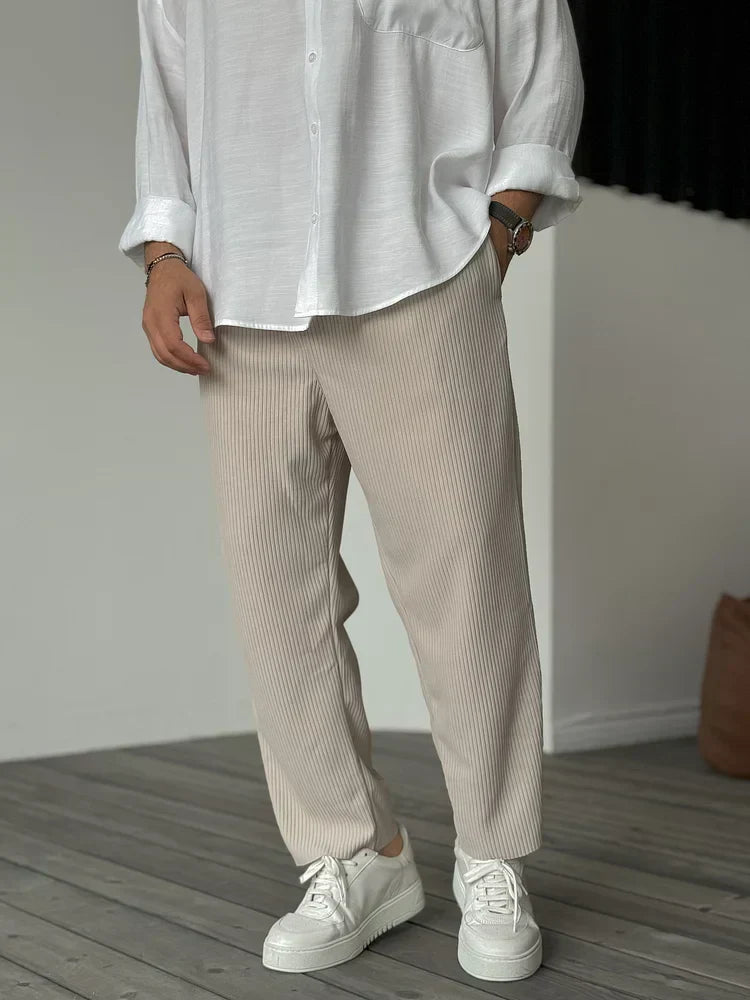 Casual Pants | Ribbed | Elastic Waist | Straight Leg Pants | Men's Pants-Pants-Chaps London-Beige-S-Chaps London
