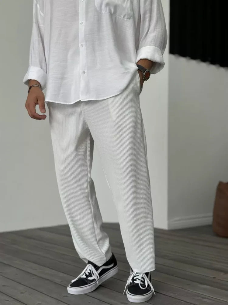 Casual Pants | Ribbed | Elastic Waist | Straight Leg Pants | Men's Pants-Pants-Chaps London-White-S-Chaps London
