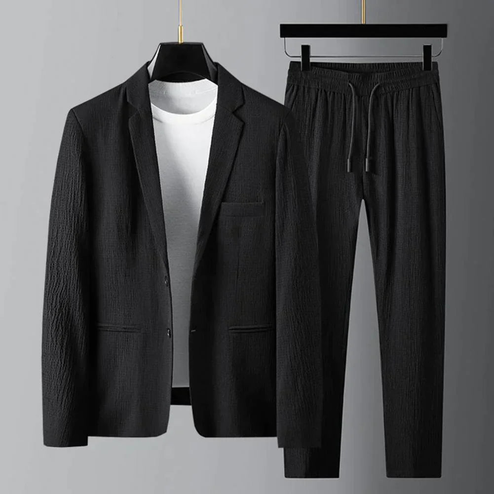 Casual Suit | Lightweight | Drawstring | Trouser and Blazer Set | Men's Two-Piece Set-Blazers-Chaps London-Black-M-Chaps London