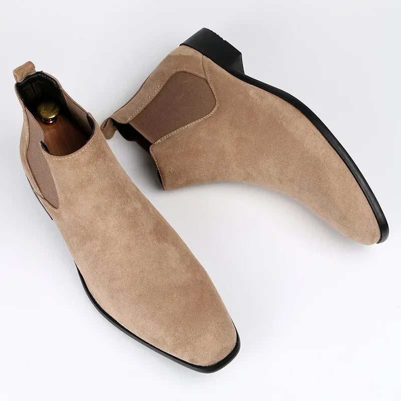 Tan suede Chelsea boots with elastic side panels, shown flat, paired | Chaps London