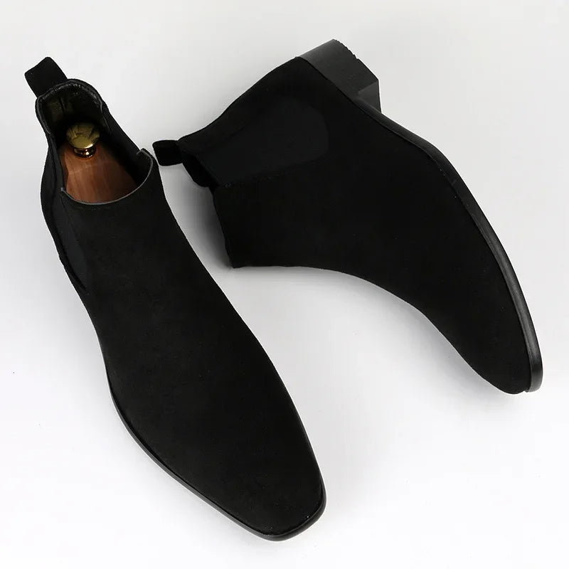 Black suede Chelsea boots pair shown flat, elastic side panels, pull tab | Chaps London
