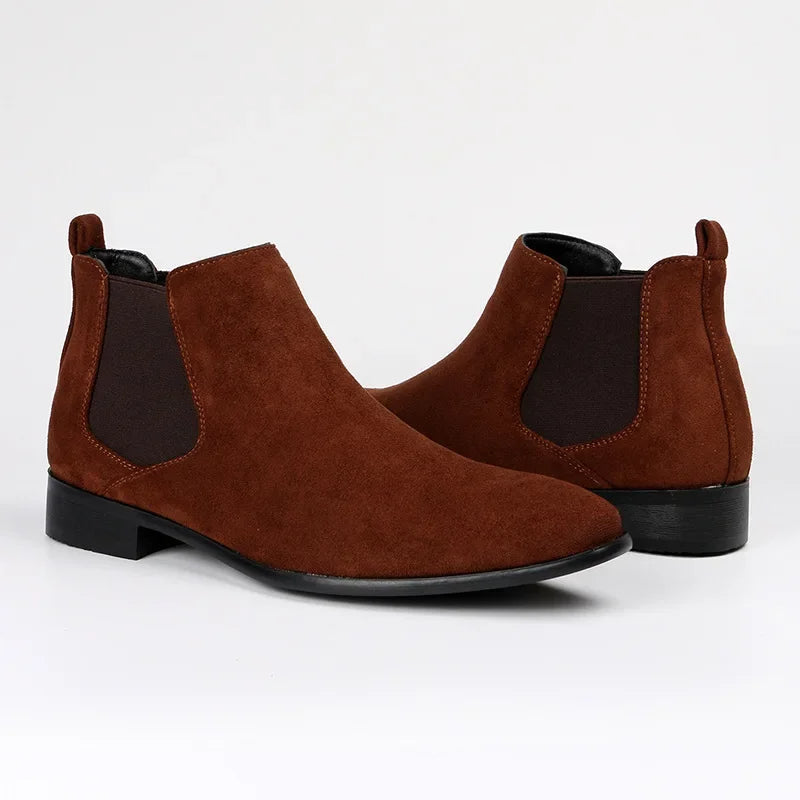 Brown suede Chelsea boots with elastic side panels, shown as a pair | Chaps London