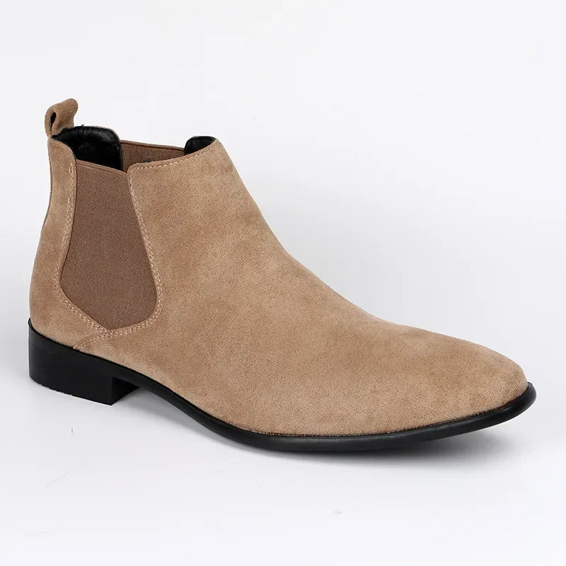 Tan suede Chelsea boot with elastic side panel, shown standing alone | Chaps London