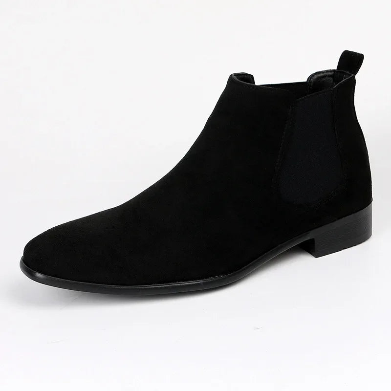 Black suede Chelsea boot with elastic side panel, shown alone | Chaps London