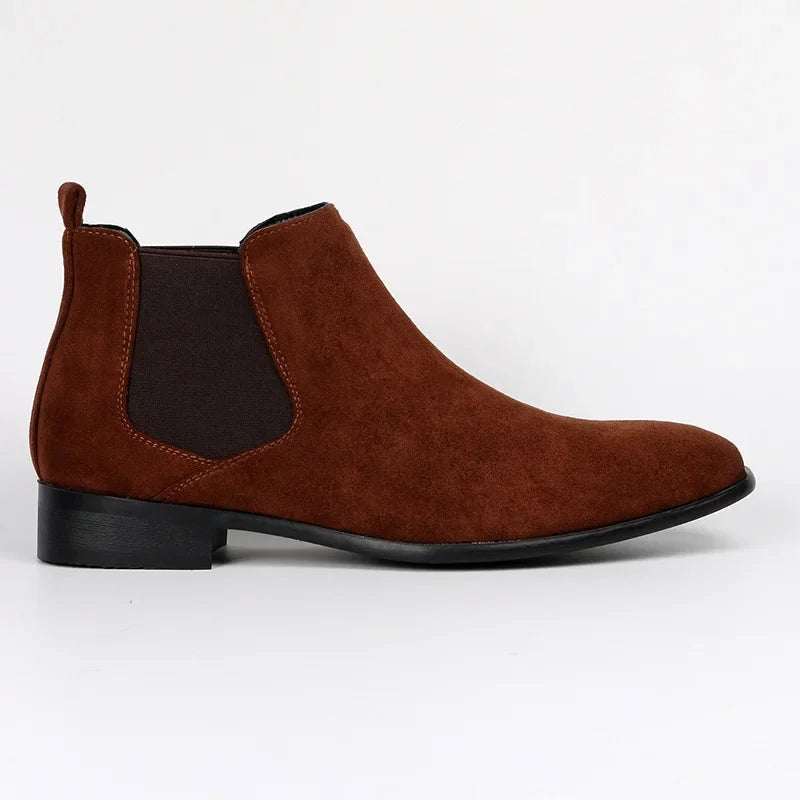 Brown suede Chelsea boot with elastic side panel, shown flat, side view | Chaps London