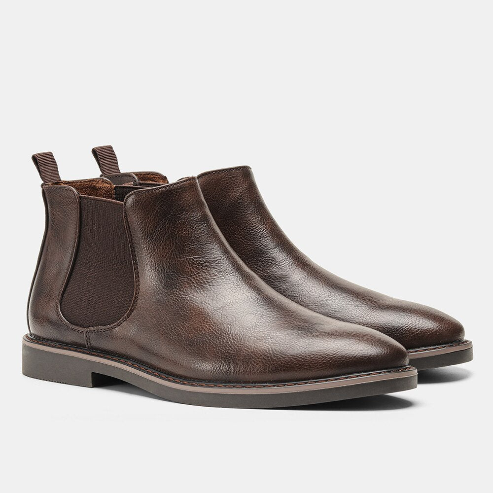 Brown leather Chelsea boots with elastic side panels, shown as a pair | Chaps London