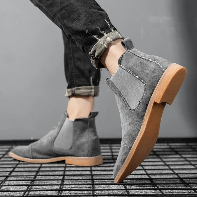 Gray faux suede Chelsea ankle boot worn with rolled cuffed jeans | Chaps London