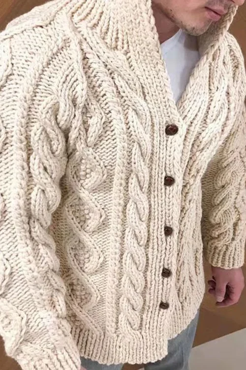 Chunky Cardigan | Warm | Cable Knit | Knitted Cardigan | Men's Cardigan -Cardigans-Chaps London-Beige-M-Chaps London