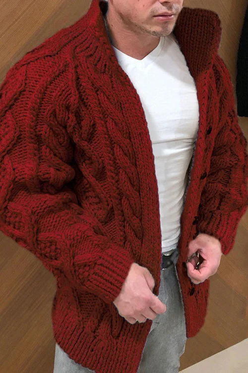 Chunky Cardigan | Warm | Cable Knit | Knitted Cardigan | Men's Cardigan -Cardigans-Chaps London-Red-M-Chaps London
