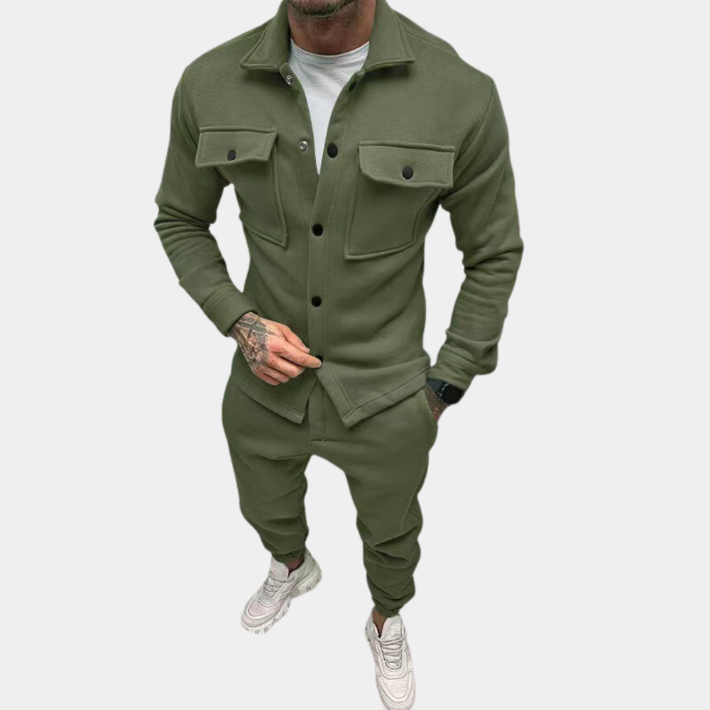Co Ord Set - Men's Buttoned Up Long Sleeve-Outfit Sets-Chaps London-Olive-S-Chaps London
