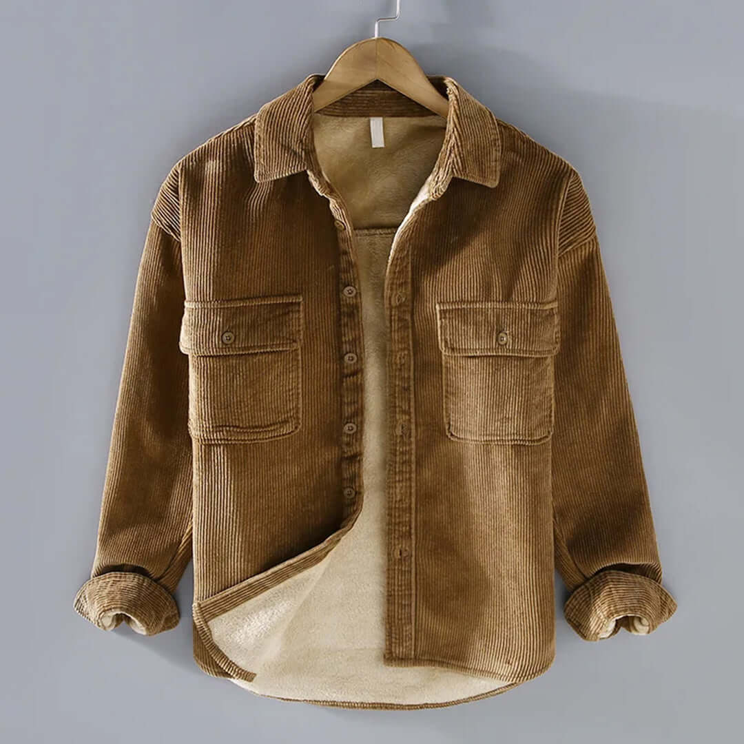 Corduroy Shirt | Fleece Lined | Button-Up | Winter Overshirt | Men's Overshirt-Overshirts-Chaps London-Khaki-M-Chaps London