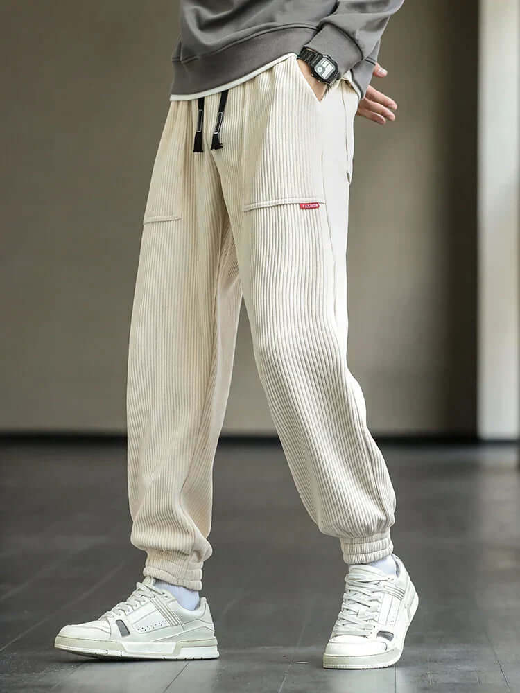 Corduroy Sweatpants | Loose Fit | Drawstring | Joggers | Men's Pants-Chaps London-Beige-M-Chaps London