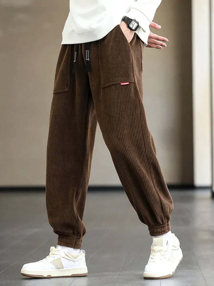Corduroy Sweatpants | Loose Fit | Drawstring | Joggers | Men's Pants-Chaps London-Brown-M-Chaps London
