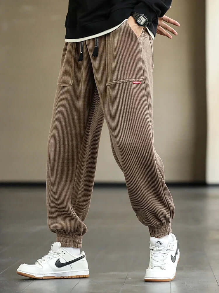 Corduroy Sweatpants | Loose Fit | Drawstring | Joggers | Men's Pants-Chaps London-Khaki-M-Chaps London