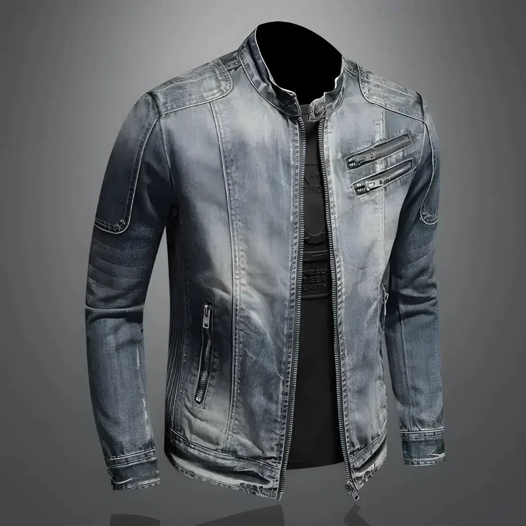 Denim Jacket - Men's Washed Zip-Up Slim Fit Jean Jacket-Trucker Jackets-Chaps London-Dark Denim-S-Chaps London