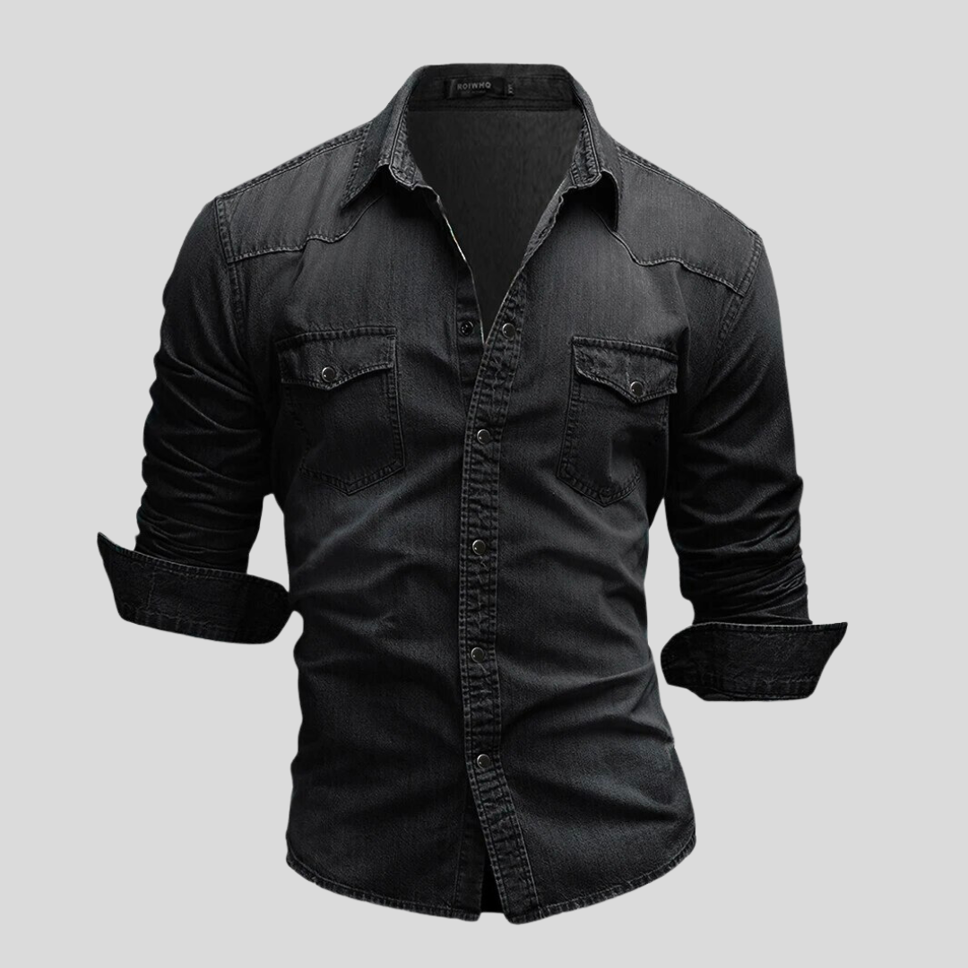 Denim Shirt - Long Sleeve - Slim Fit - Button-Up Shirt - Men's Shirts-Shirts-Chaps London-Dark Gray-S-Chaps London