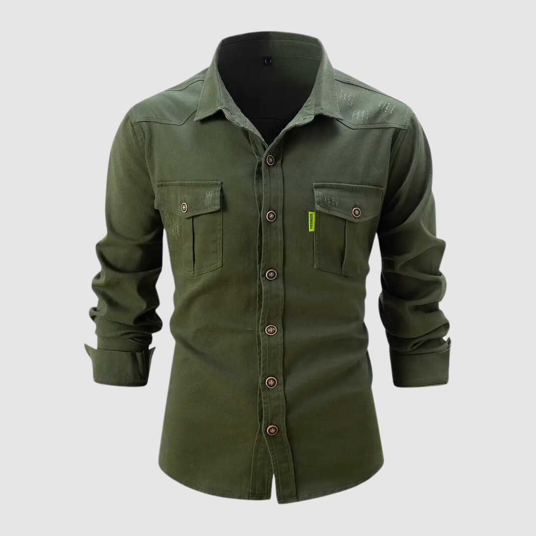 Denim Shirt - Men's Long Sleeve with Breast Pockets-Shirts-Chaps London-Army Green-S-Chaps London