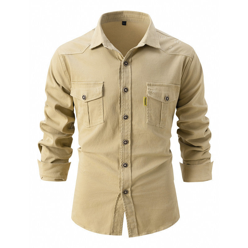 Denim Shirt - Men's Long Sleeve with Breast Pockets-Shirts-Chaps London-Khaki-S-Chaps London