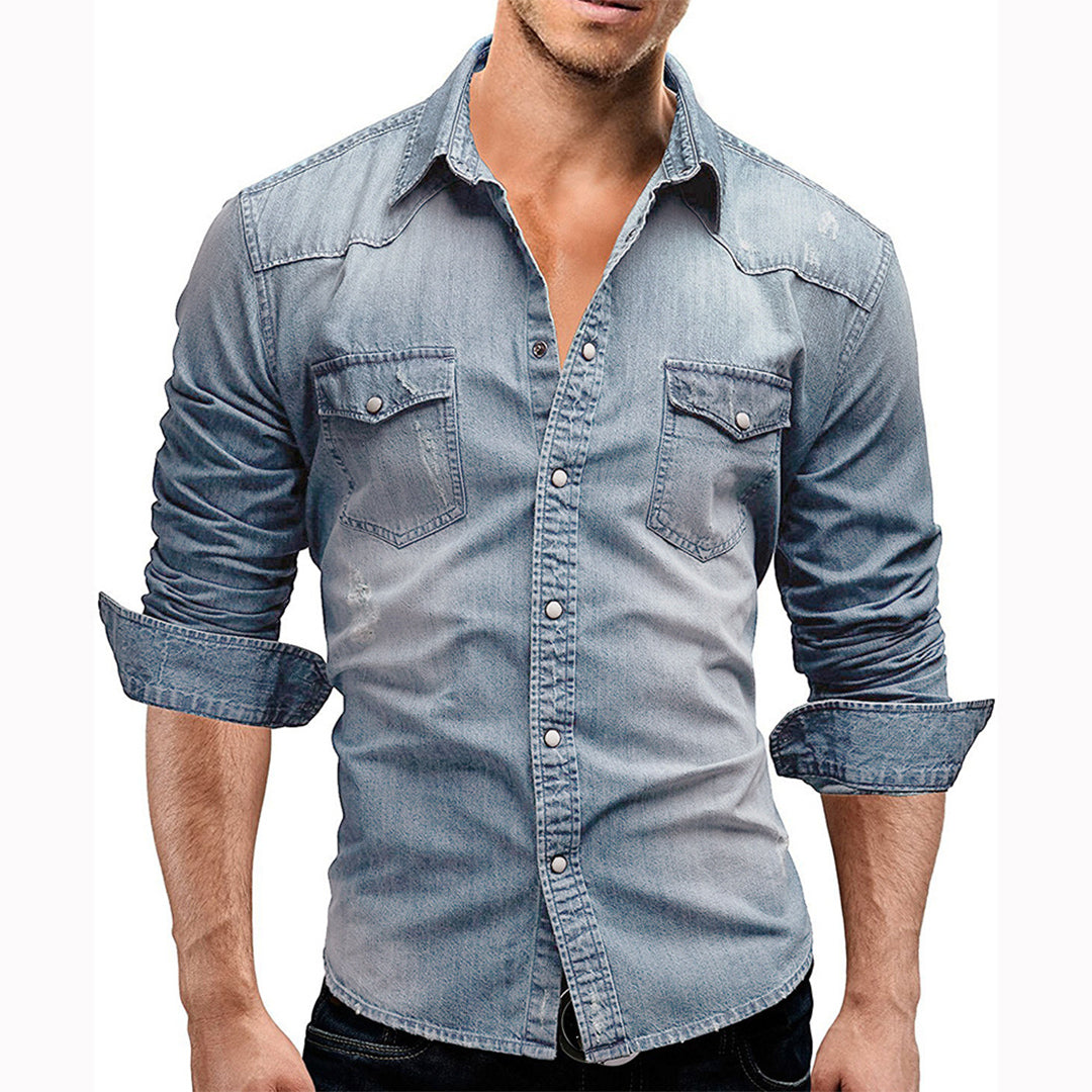 Denim Shirt - Men's Slim Fit Long Sleeve-Shirts-Chaps London-Chaps London