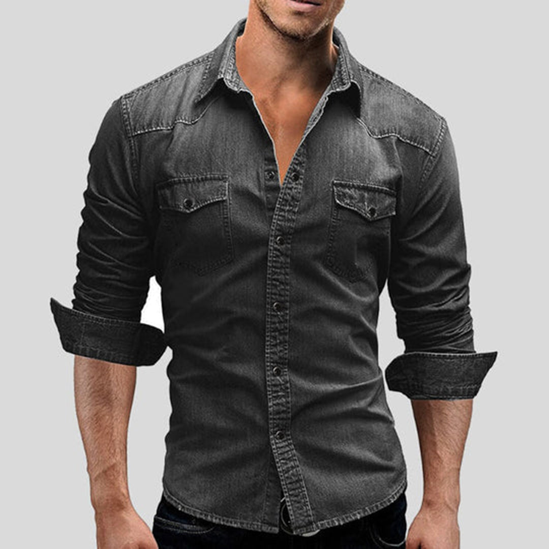 Denim Shirt - Men's Slim Fit Long Sleeve-Shirts-Chaps London-Dark Grey-M-Chaps London