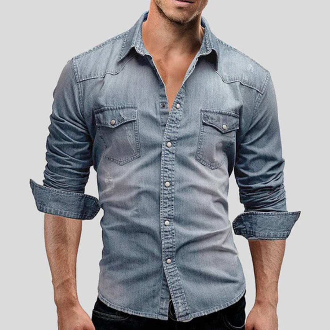 Denim Shirt - Men's Slim Fit Long Sleeve-Shirts-Chaps London-Light Blue-M-Chaps London