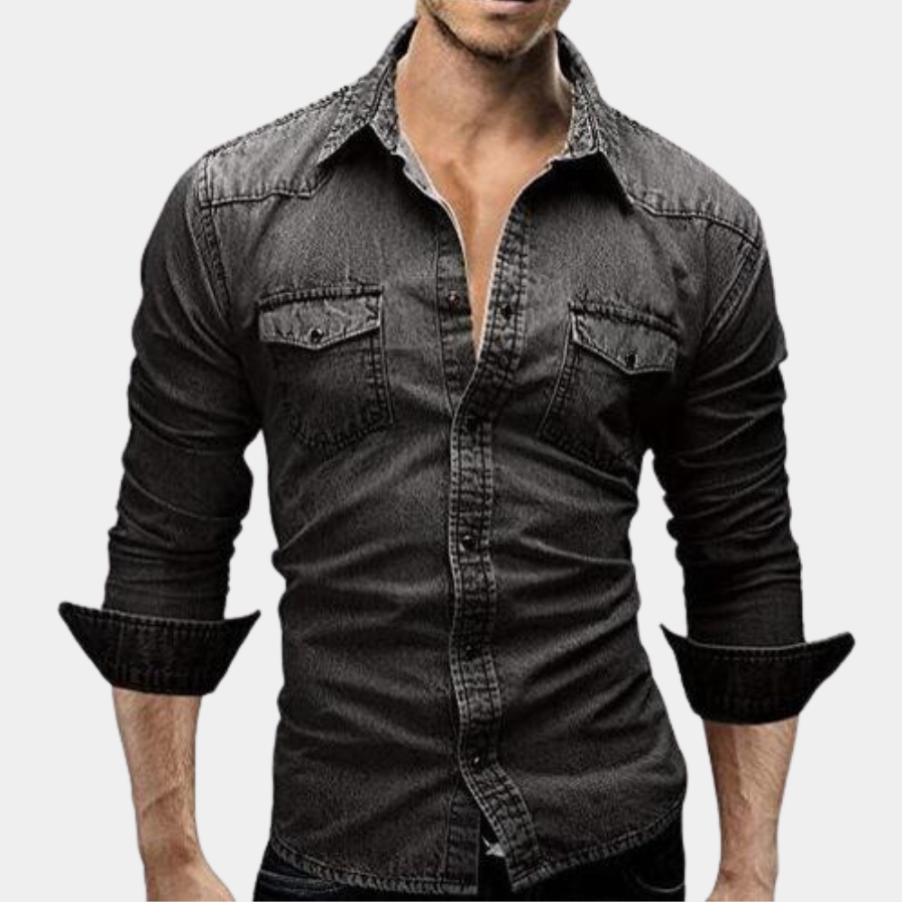 Denim Shirt - Slim Fit - Long Sleeve - Buttoned Up Shirt - Men's Shirts-Fashion Men Shirt Denim All-year-Chaps London-Black-M-Chaps London
