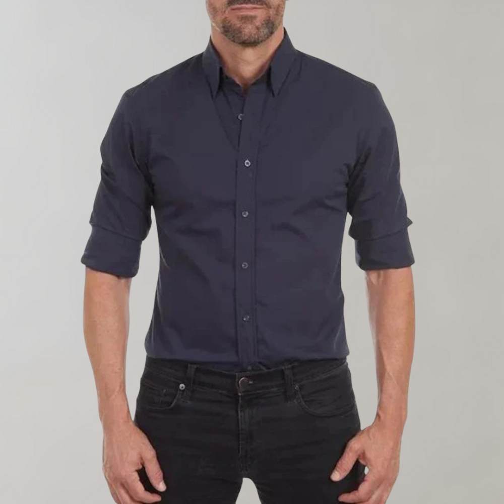 Dress Shirt - Men's Non Iron Wrinkle Free Collared-Dress Shirts-Chaps London-Navy Blue-XS-Chaps London