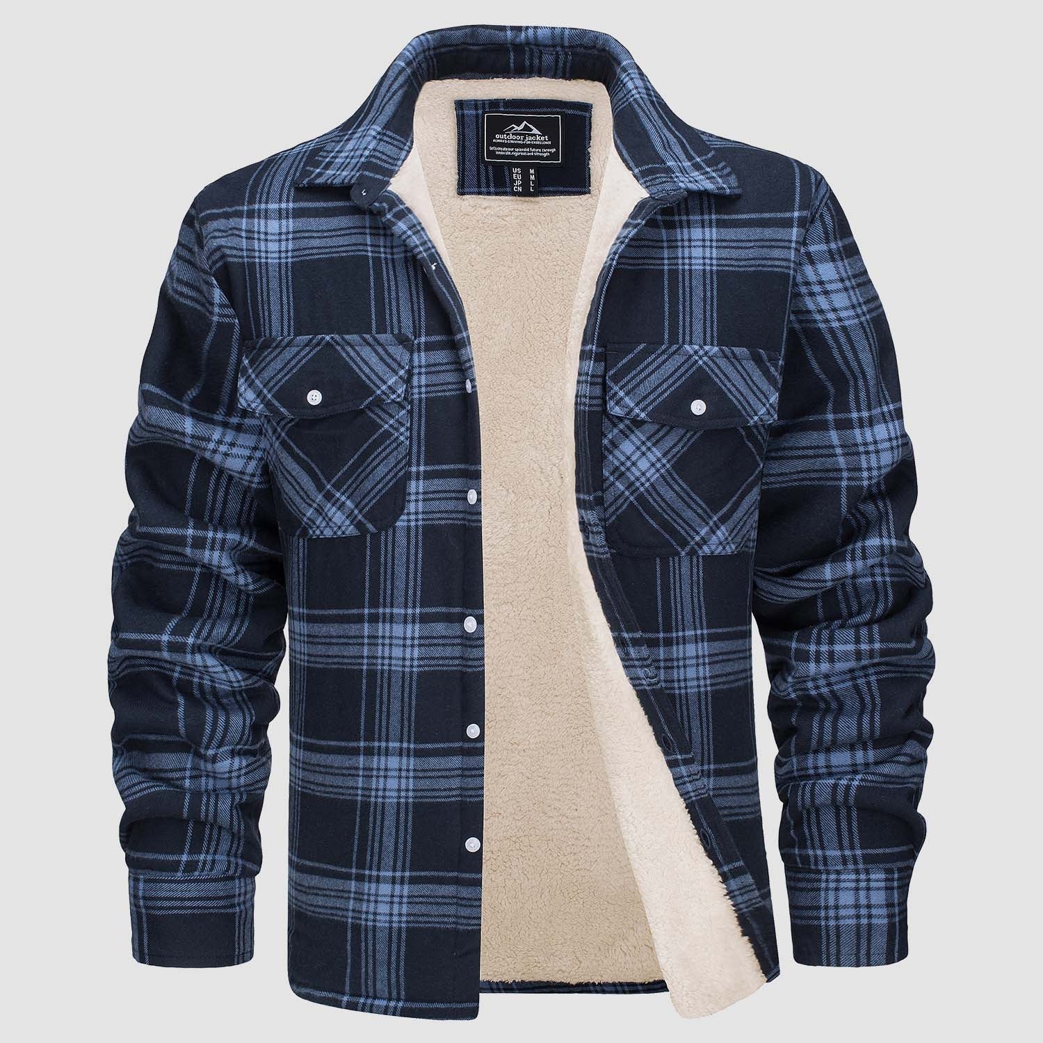 Flannel Jacket - Men's Fleece Lined Plaid Overshirt Jacket for Winter-Chaps London-Blue-S-Chaps London