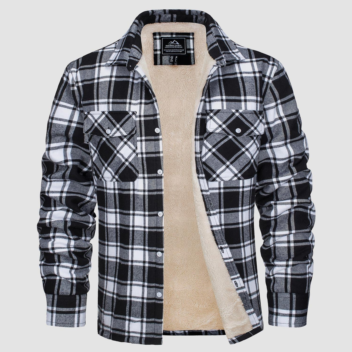 Black and white plaid flannel jacket with fleece lining, shown flat | Chaps London