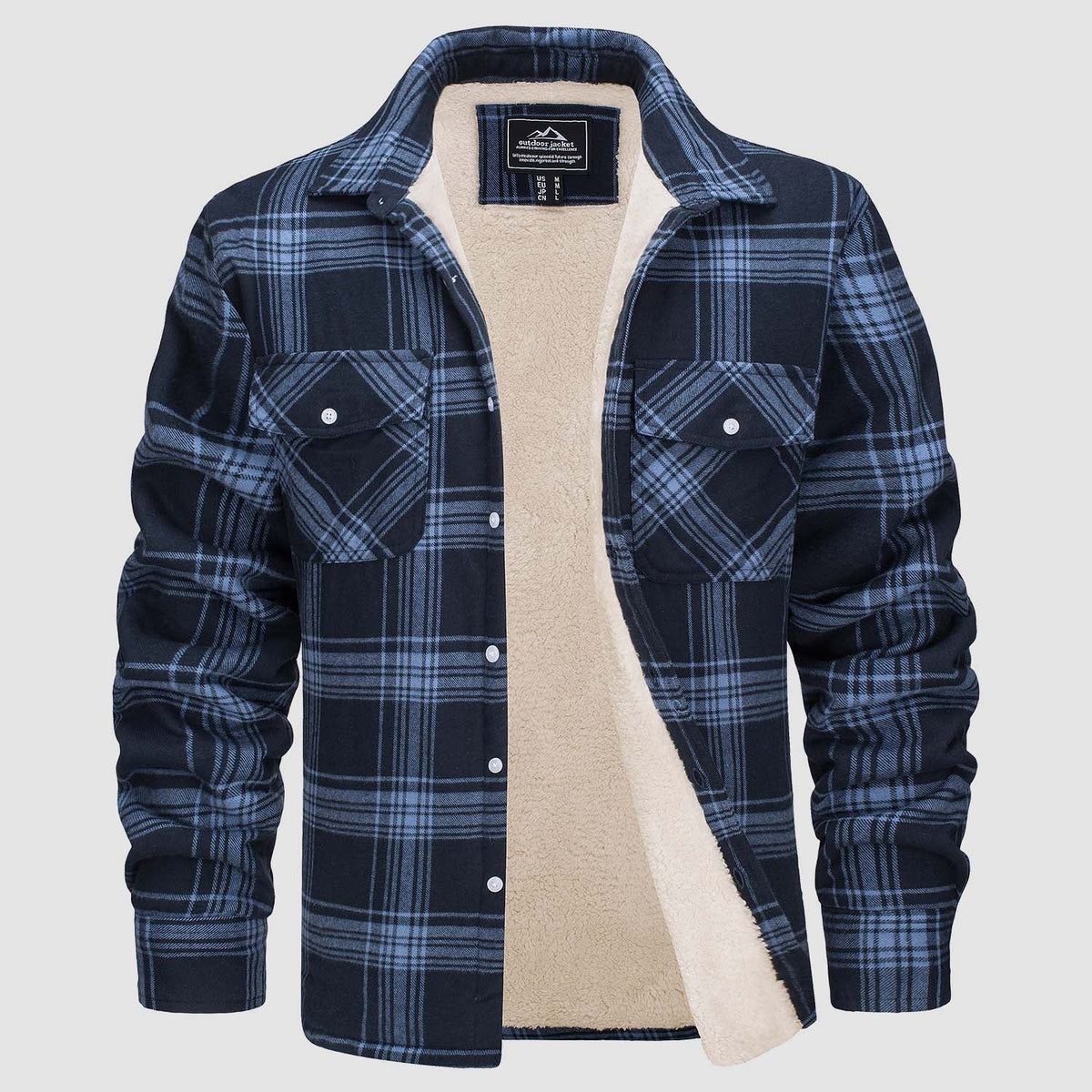 Navy blue plaid flannel jacket with sherpa fleece lining, unworn flat display | Chaps London