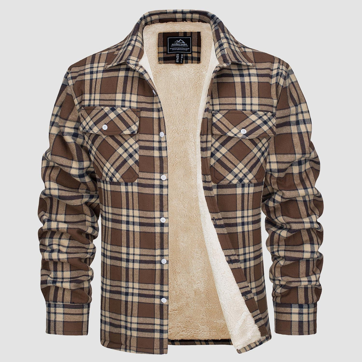 Brown plaid flannel jacket with fleece lining, worn by a person | Chaps London