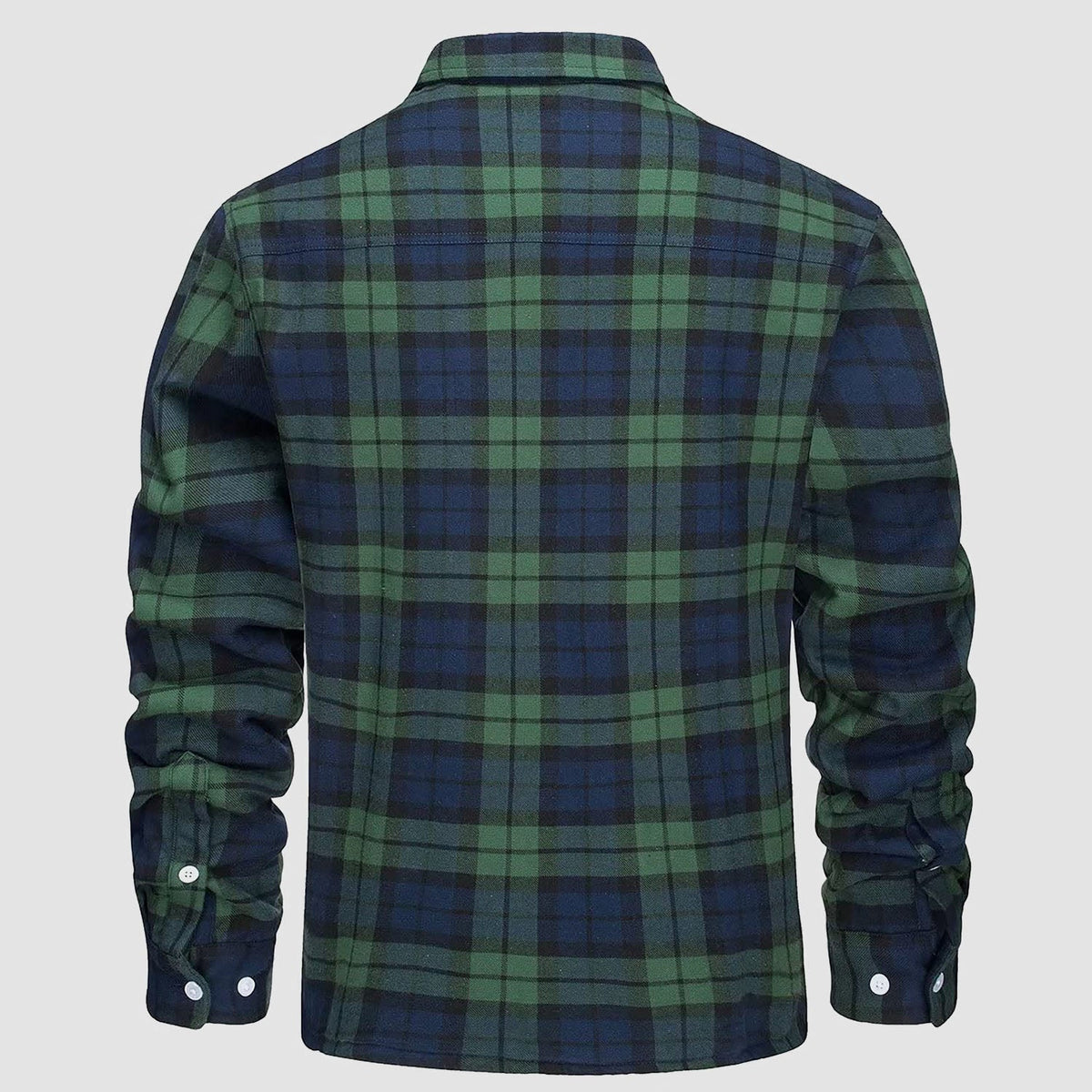 Green and navy plaid flannel overshirt jacket, back view, worn by person | Chaps London